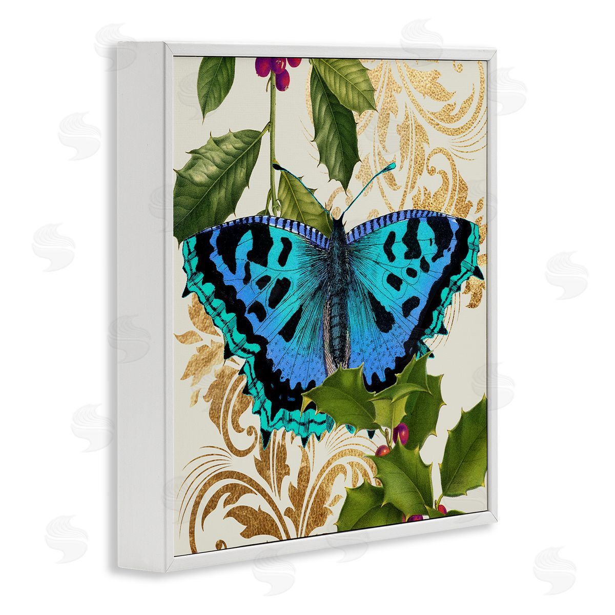 Stupell Studio Dazzling Butterfly Wings Golden Floral Design Winter Holly White Framed Glicee Wall Art Print