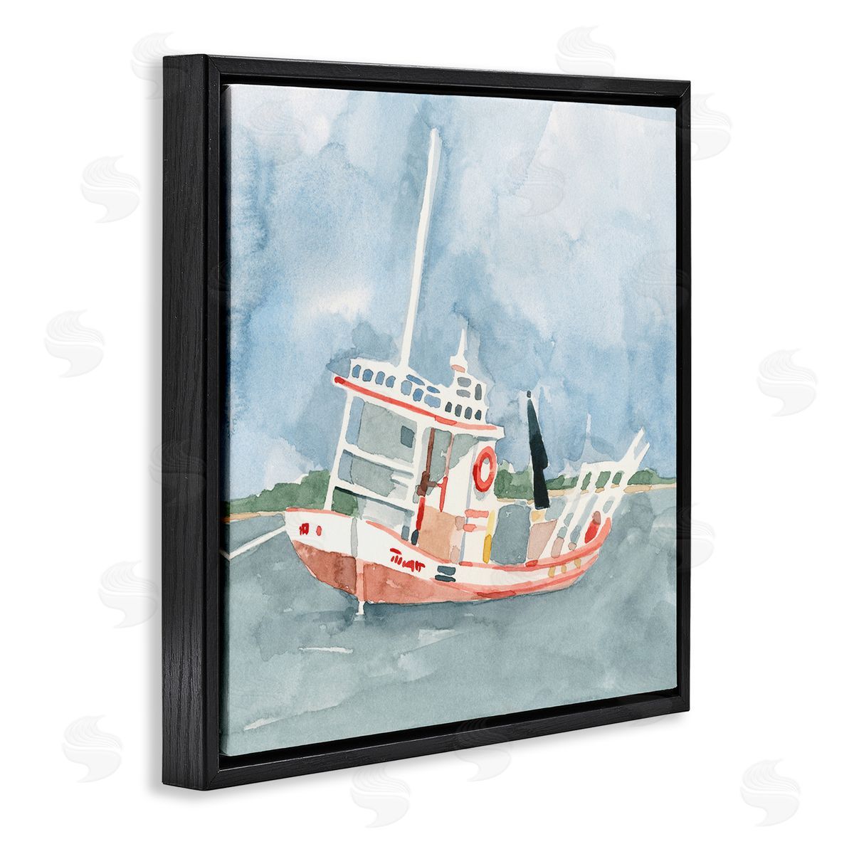 Emma Caroline Fishing Boat Sea Travel Vessel Watercolor Painting Black Floating Frame Canvas Wall Art Print