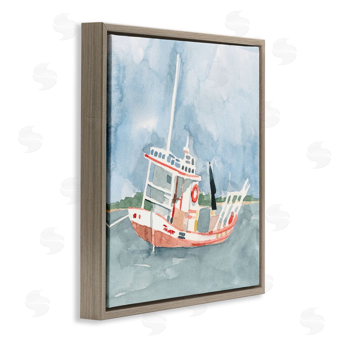 Emma Caroline Fishing Boat Sea Travel Vessel Watercolor Painting Brown Floating Frame Canvas Wall Art Print
