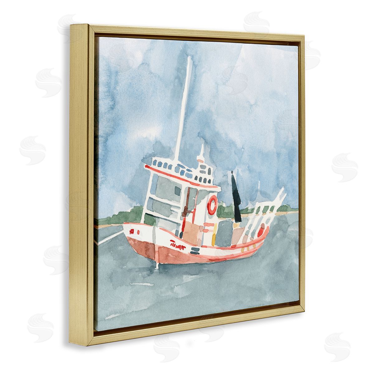 Emma Caroline Fishing Boat Sea Travel Vessel Watercolor Painting Gold Floating Frame Canvas Wall Art Print