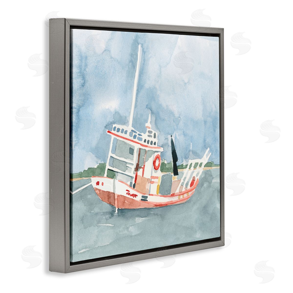 Emma Caroline Fishing Boat Sea Travel Vessel Watercolor Painting Gray Floating Frame Canvas Wall Art Print