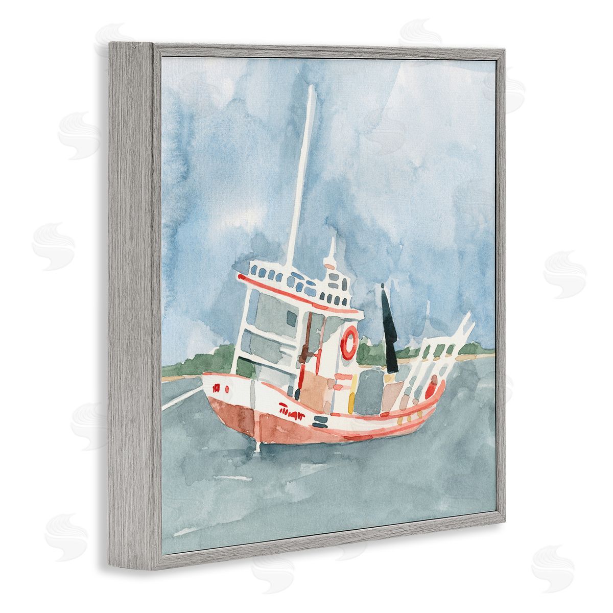 Emma Caroline Fishing Boat Sea Travel Vessel Watercolor Painting Gray Framed Glicee Wall Art Print