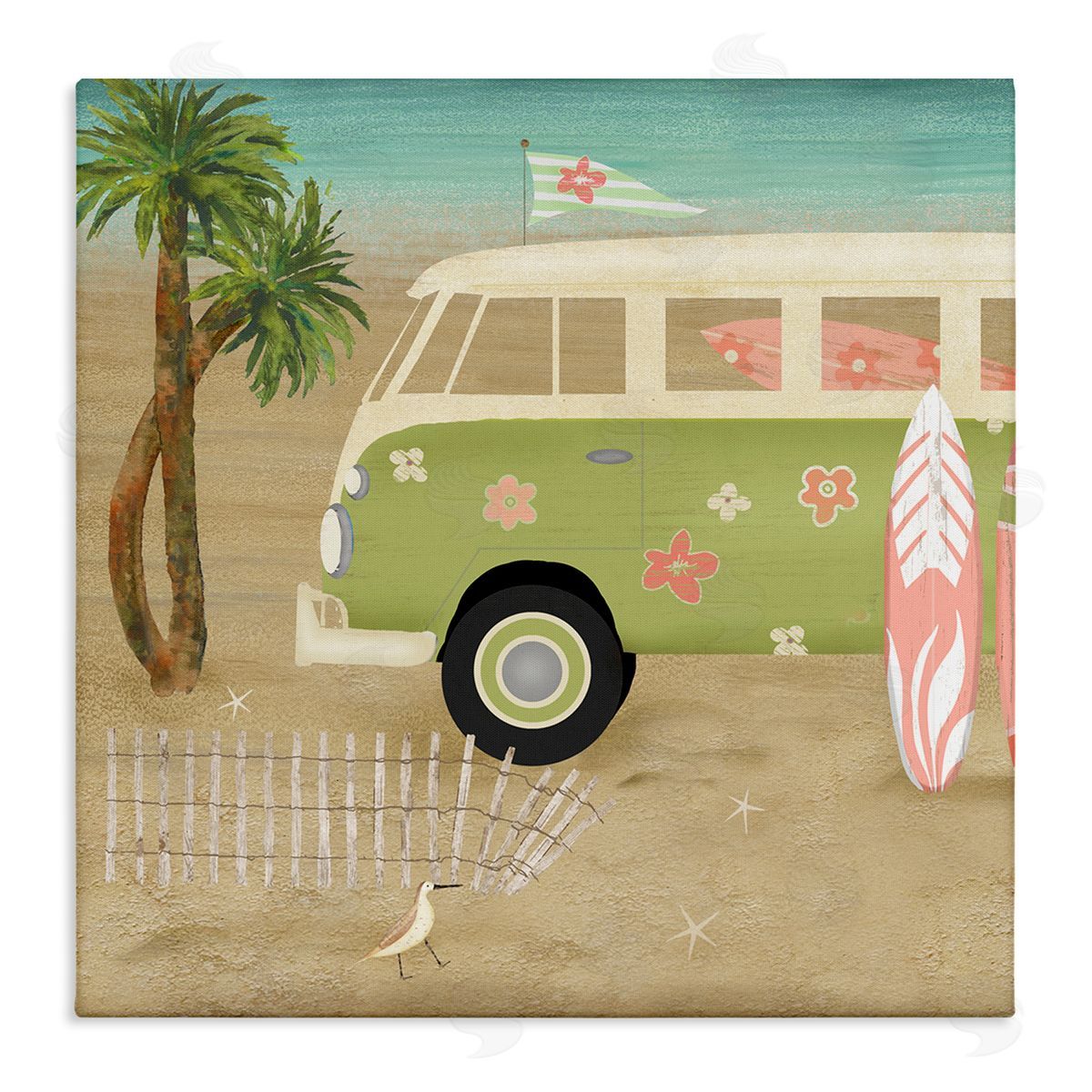 Beth Albert Hippy Travel Van Beach Chair Picnic Ocean Scenery Stretched Canvas Wall Art Print