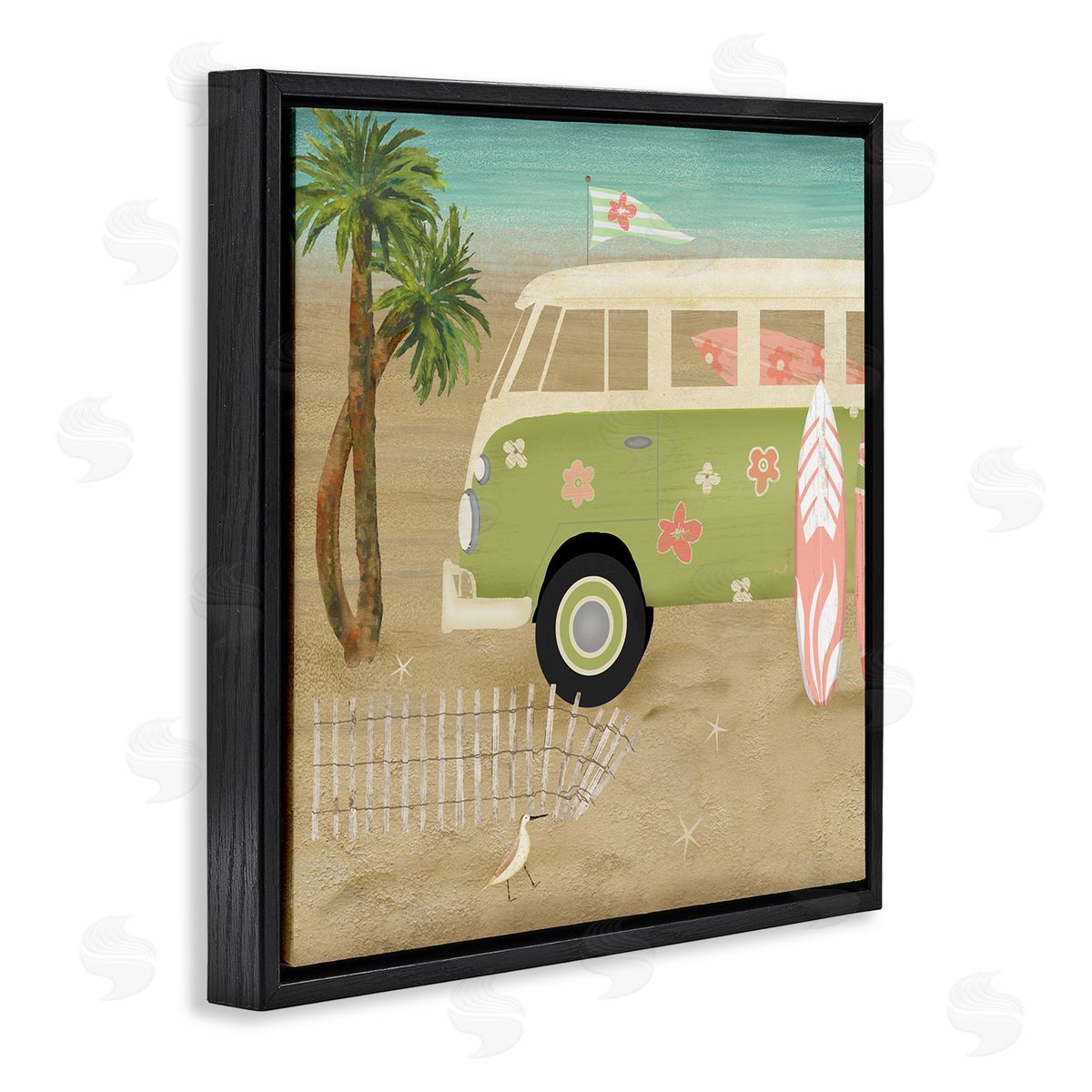 Beth Albert Hippy Travel Van Beach Chair Picnic Ocean Scenery Black Floating Frame Canvas Wall Art Print