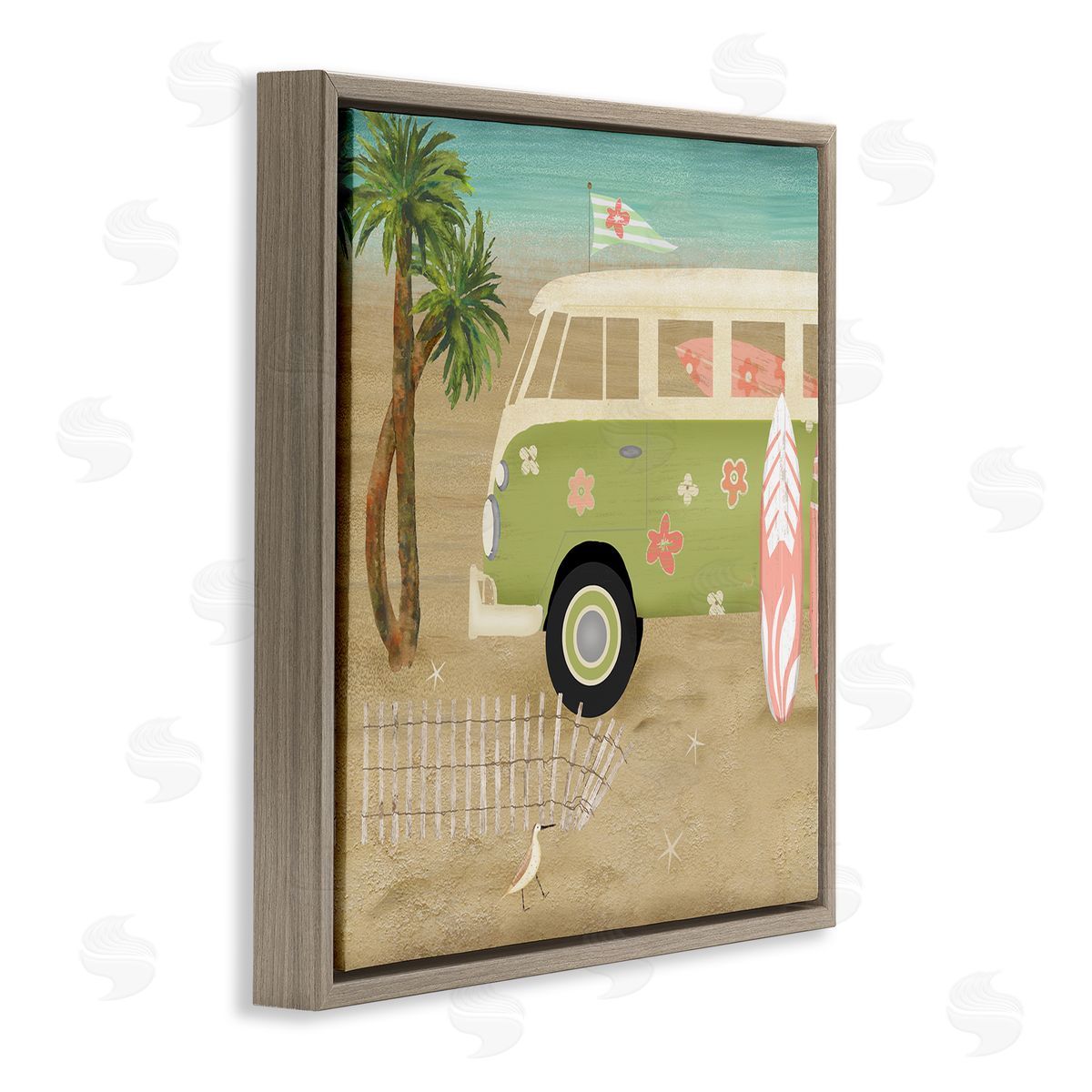 Beth Albert Hippy Travel Van Beach Chair Picnic Ocean Scenery Brown Floating Frame Canvas Wall Art Print