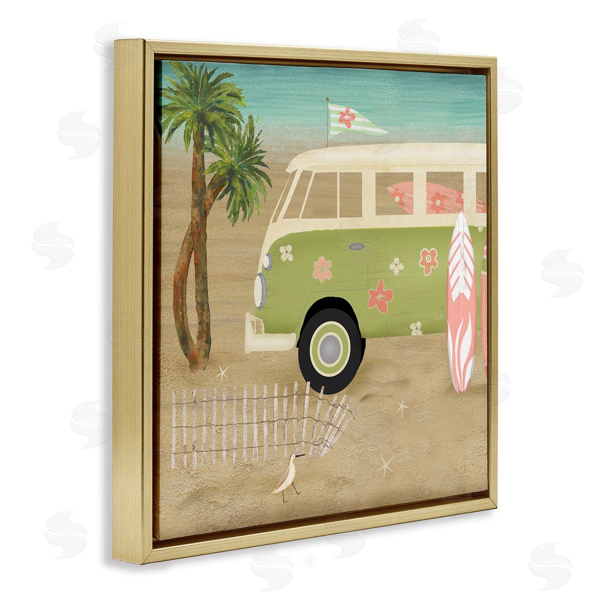 Beth Albert Hippy Travel Van Beach Chair Picnic Ocean Scenery Gold Floating Frame Canvas Wall Art Print