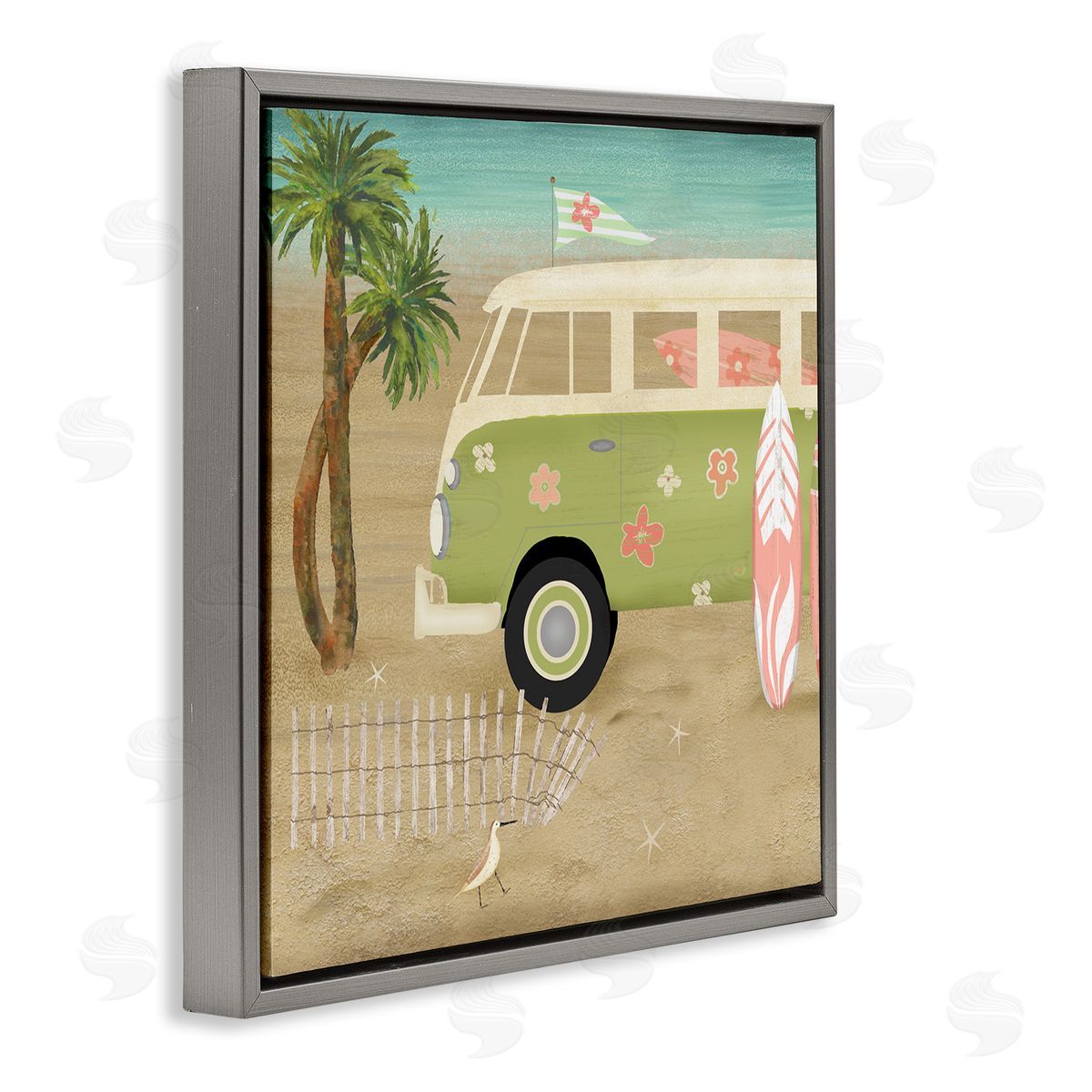 Beth Albert Hippy Travel Van Beach Chair Picnic Ocean Scenery Gray Floating Frame Canvas Wall Art Print