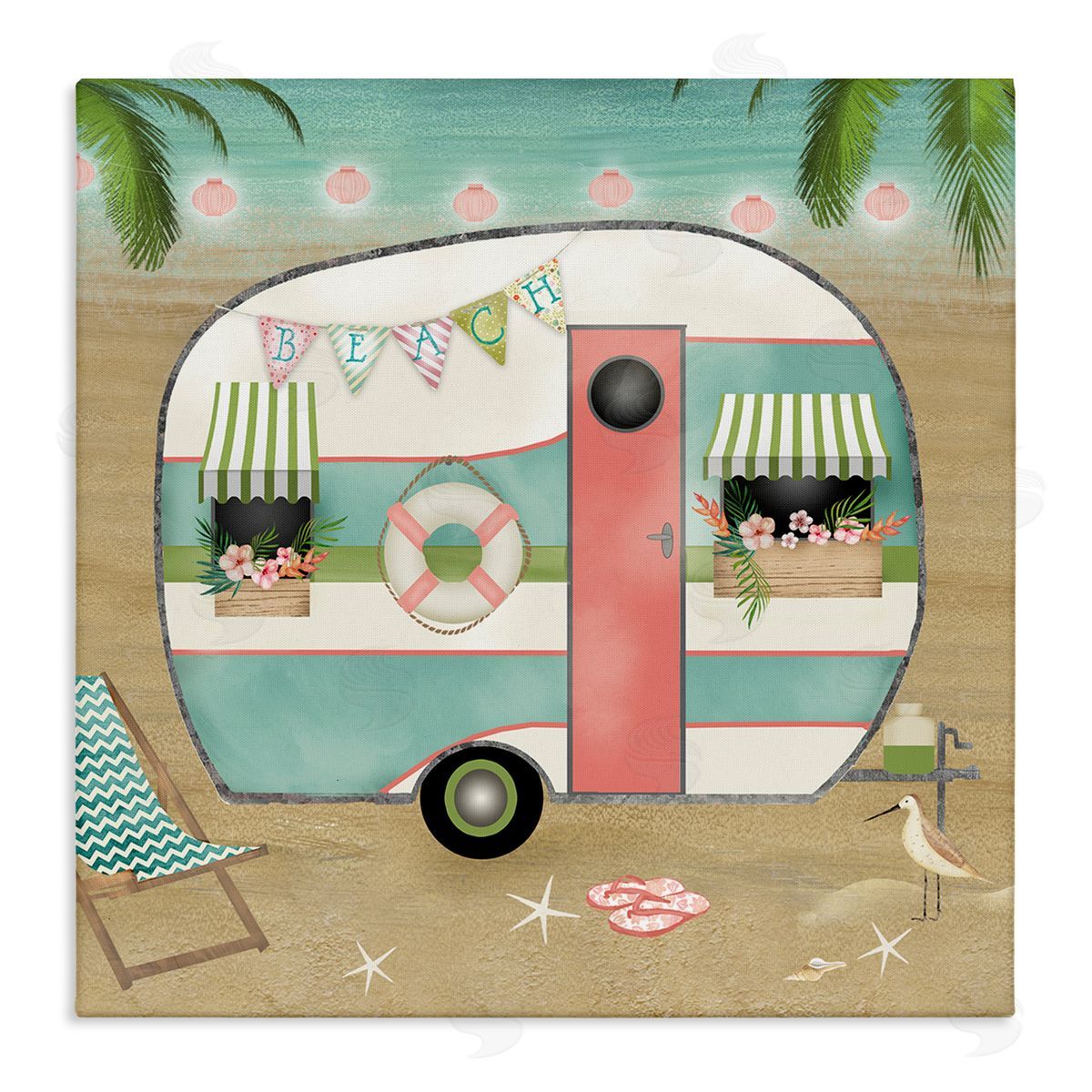 Beth Albert Festive Country Trailer Beach Chair Starfish Sandals Stretched Canvas Wall Art Print
