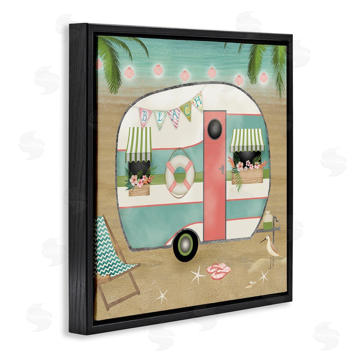 Beth Albert Festive Country Trailer Beach Chair Starfish Sandals Black Floating Frame Canvas Wall Art Print
