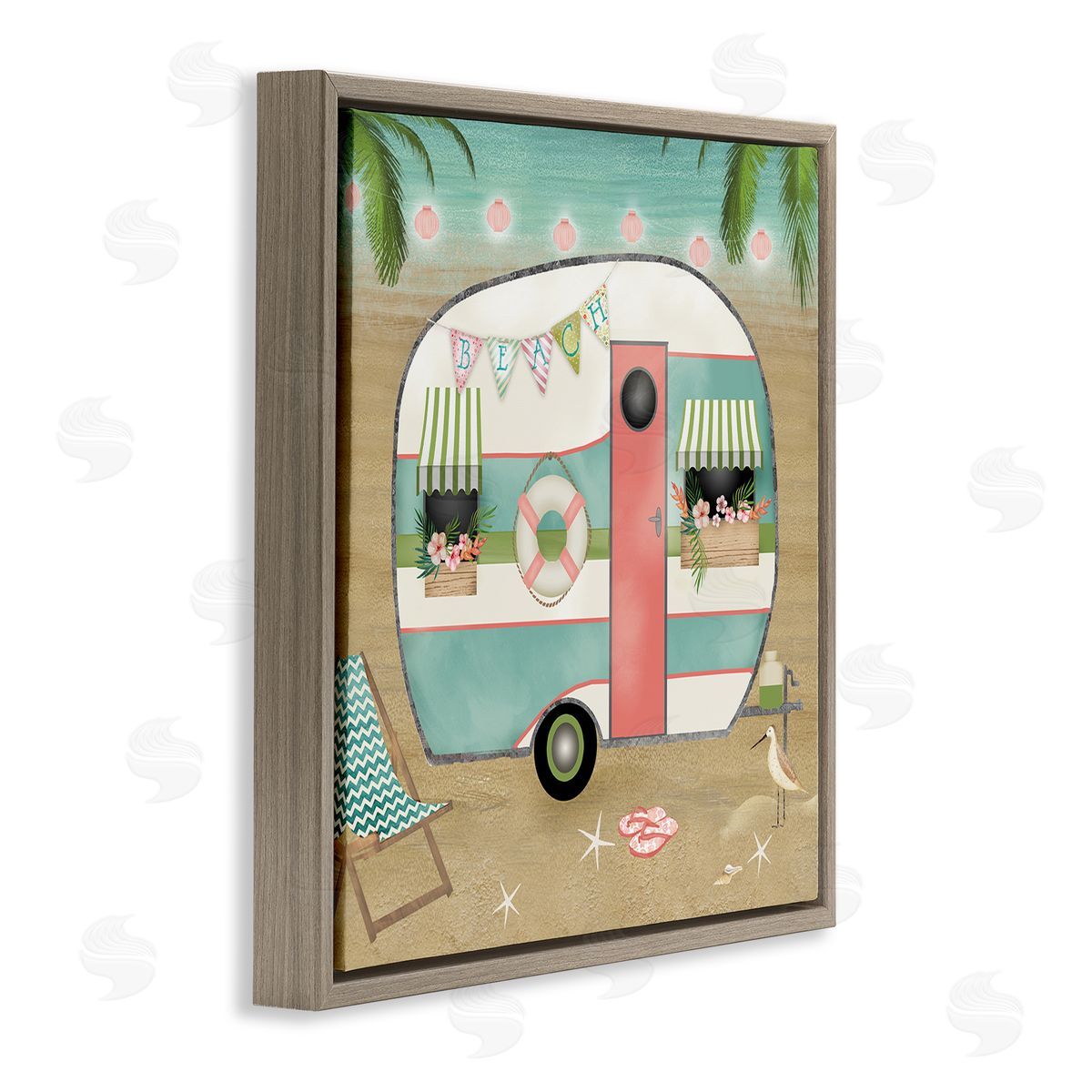 Beth Albert Festive Country Trailer Beach Chair Starfish Sandals Brown Floating Frame Canvas Wall Art Print