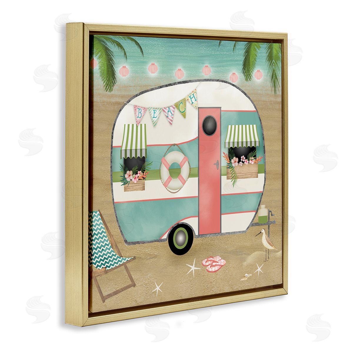 Beth Albert Festive Country Trailer Beach Chair Starfish Sandals Gold Floating Frame Canvas Wall Art Print