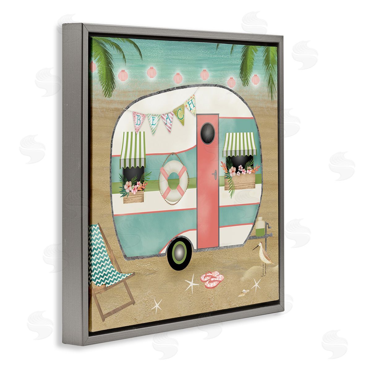 Beth Albert Festive Country Trailer Beach Chair Starfish Sandals Gray Floating Frame Canvas Wall Art Print