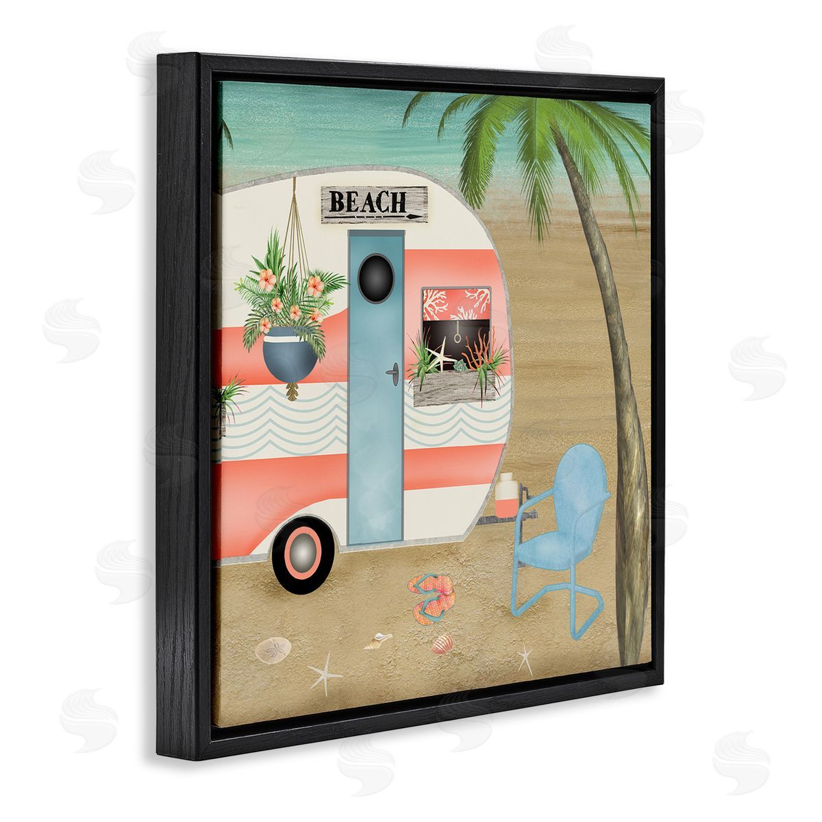 Beth Albert Coastal Van Sea Horizon Palm Trees Picturesque Vacation  Black Floating Frame Canvas Wall Art Print
