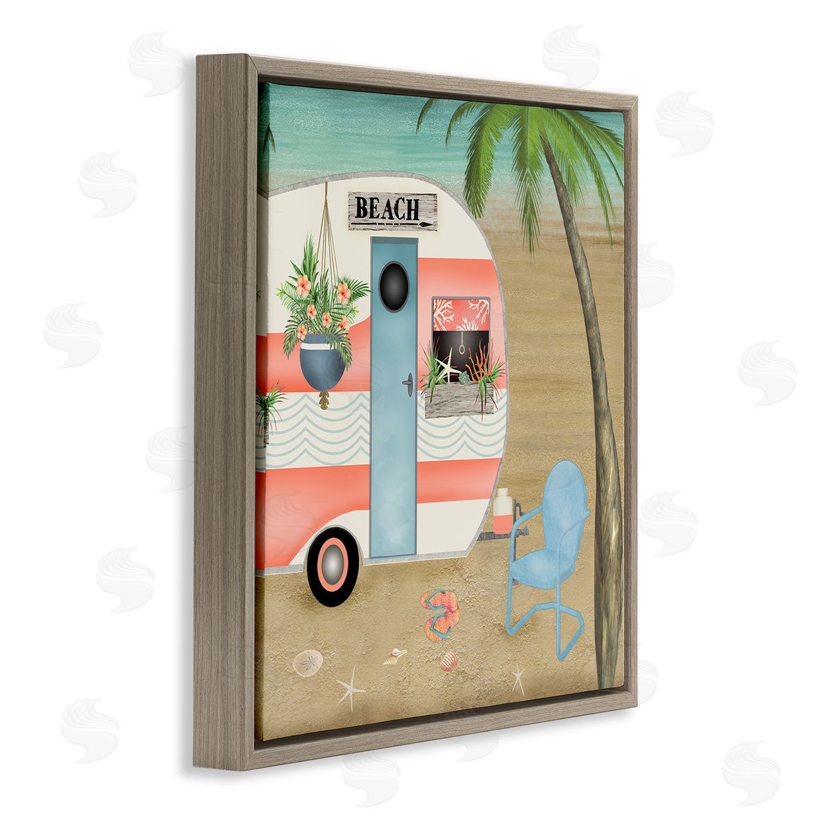 Beth Albert Coastal Van Sea Horizon Palm Trees Picturesque Vacation  Brown Floating Frame Canvas Wall Art Print