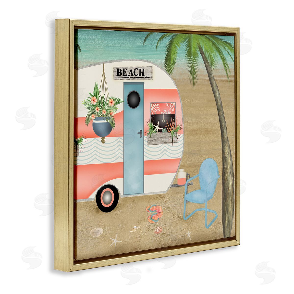 Beth Albert Coastal Van Sea Horizon Palm Trees Picturesque Vacation  Gold Floating Frame Canvas Wall Art Print
