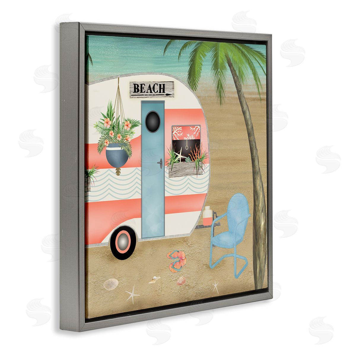Beth Albert Coastal Van Sea Horizon Palm Trees Picturesque Vacation  Gray Floating Frame Canvas Wall Art Print