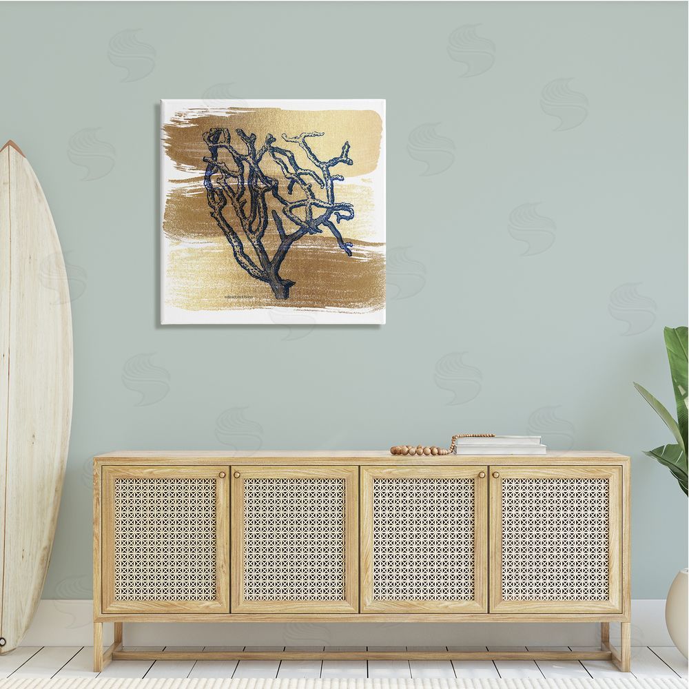 Bluebird Barn Azure Blue Coral Golden Patterned Background Sea Plant Canvas Wall Art in Room