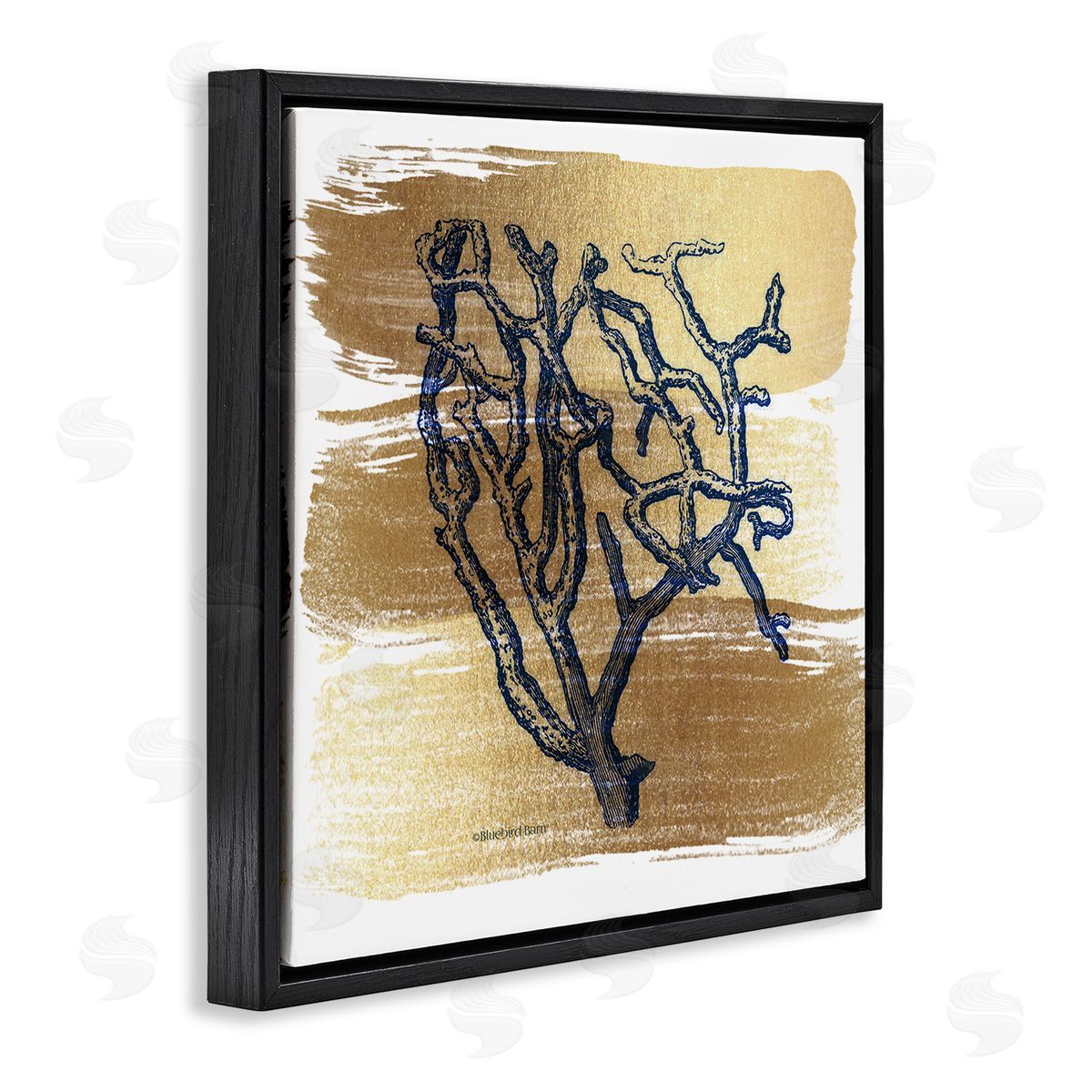 Bluebird Barn Azure Blue Coral Golden Patterned Background Sea Plant Black Floating Frame Canvas Wall Art Print