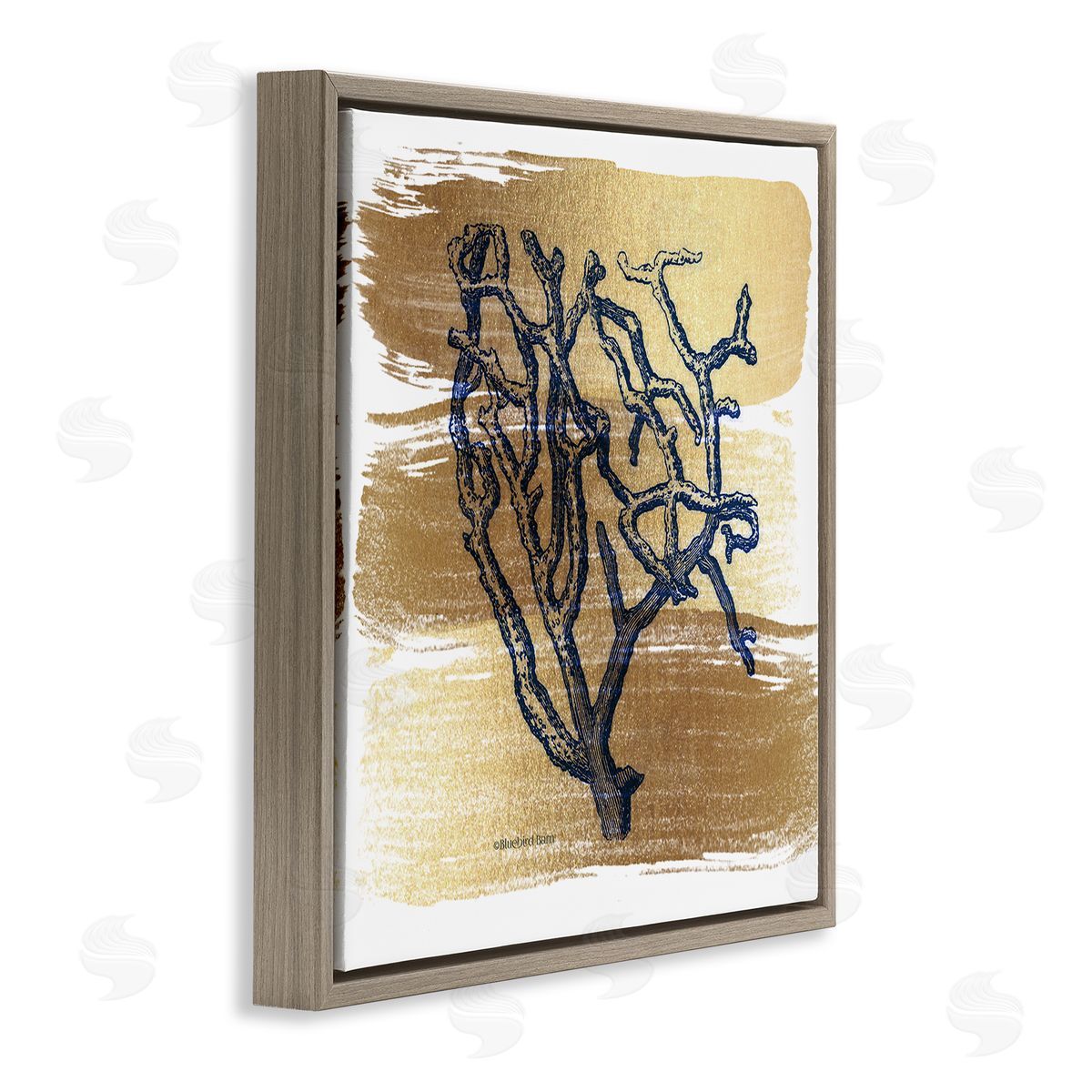 Bluebird Barn Azure Blue Coral Golden Patterned Background Sea Plant Brown Floating Frame Canvas Wall Art Print
