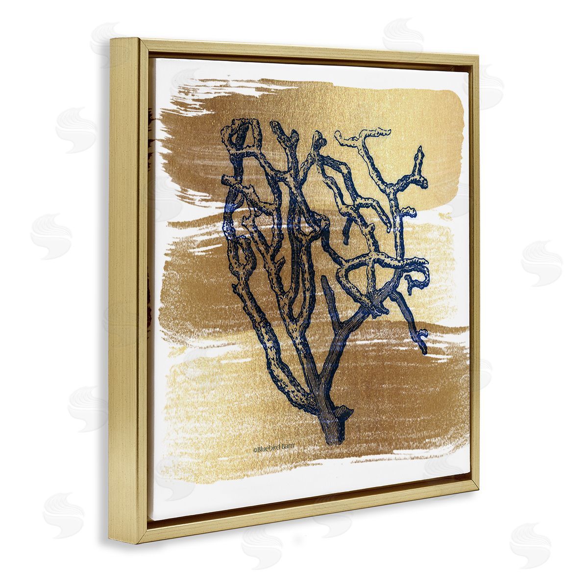 Bluebird Barn Azure Blue Coral Golden Patterned Background Sea Plant Gold Floating Frame Canvas Wall Art Print