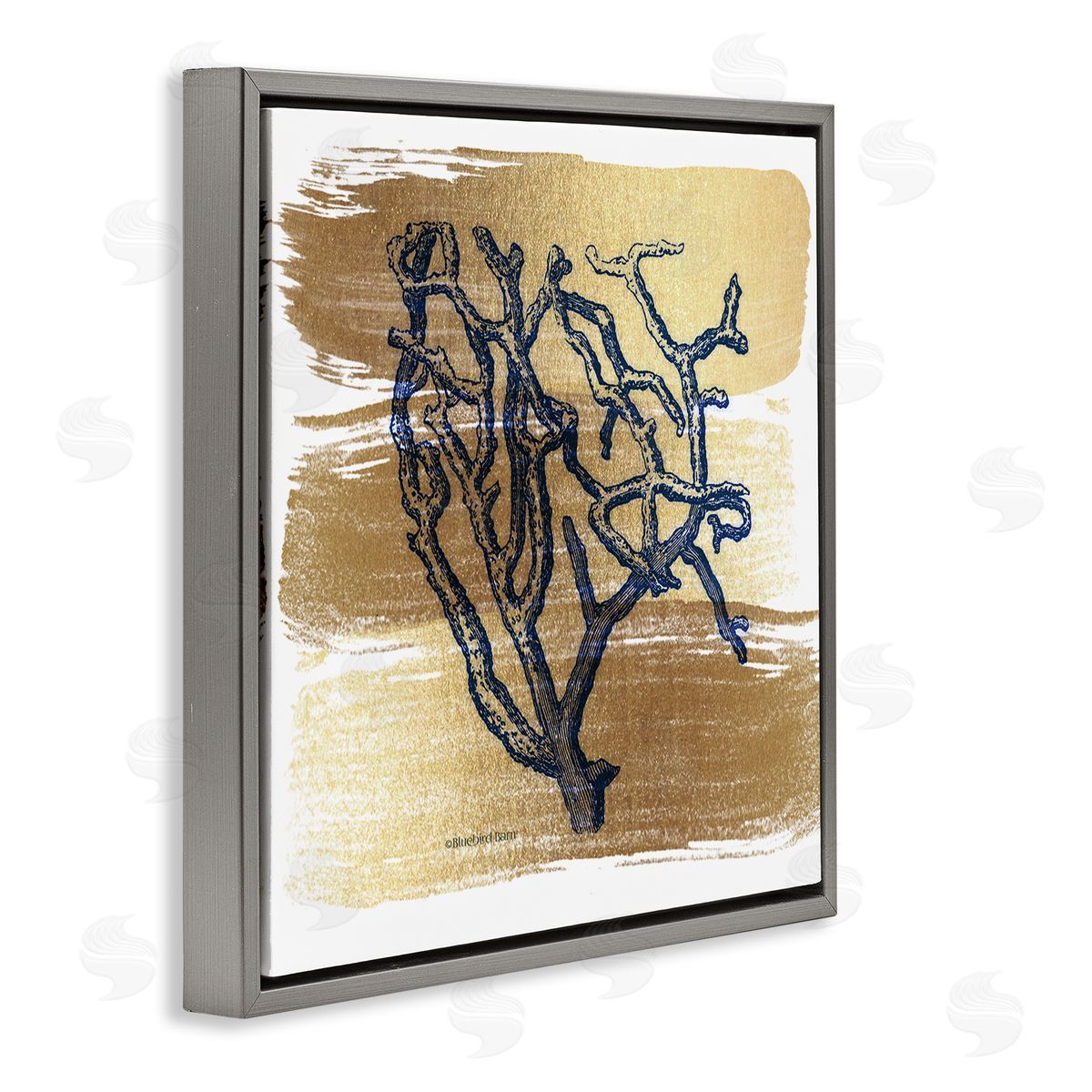 Bluebird Barn Azure Blue Coral Golden Patterned Background Sea Plant Gray Floating Frame Canvas Wall Art Print