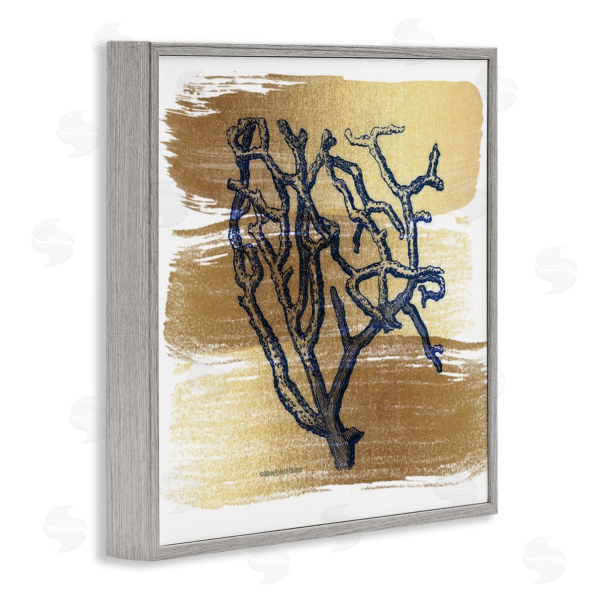 Bluebird Barn Azure Blue Coral Golden Patterned Background Sea Plant Gray Framed Glicee Wall Art Print