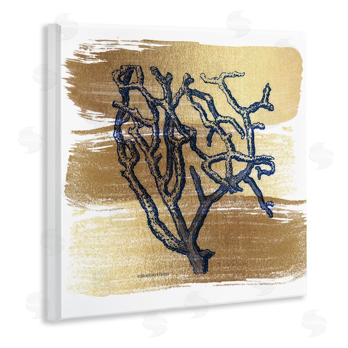 Bluebird Barn Azure Blue Coral Golden Patterned Background Sea Plant Wooden Wall Plaque Art Print