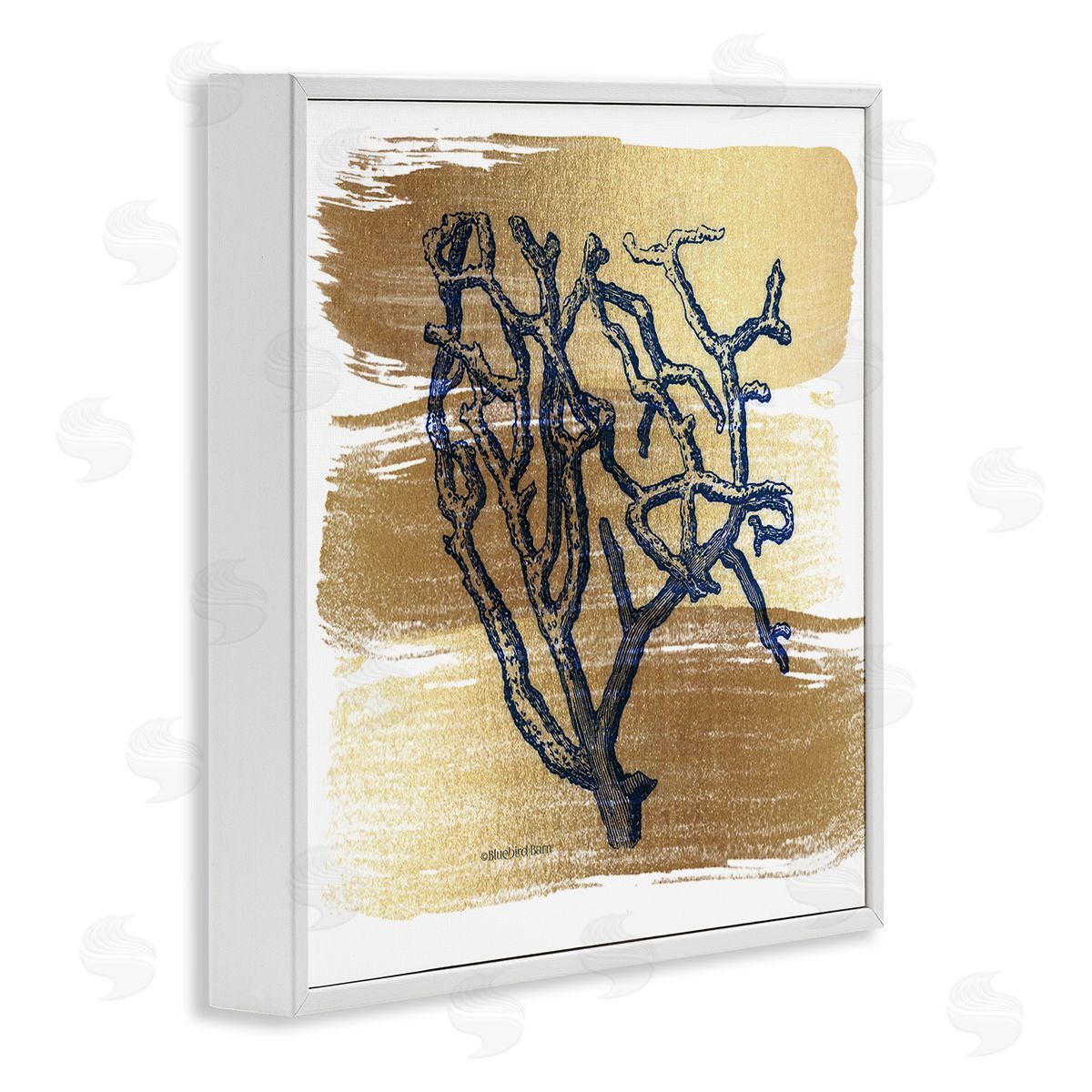 Bluebird Barn Azure Blue Coral Golden Patterned Background Sea Plant White Framed Glicee Wall Art Print