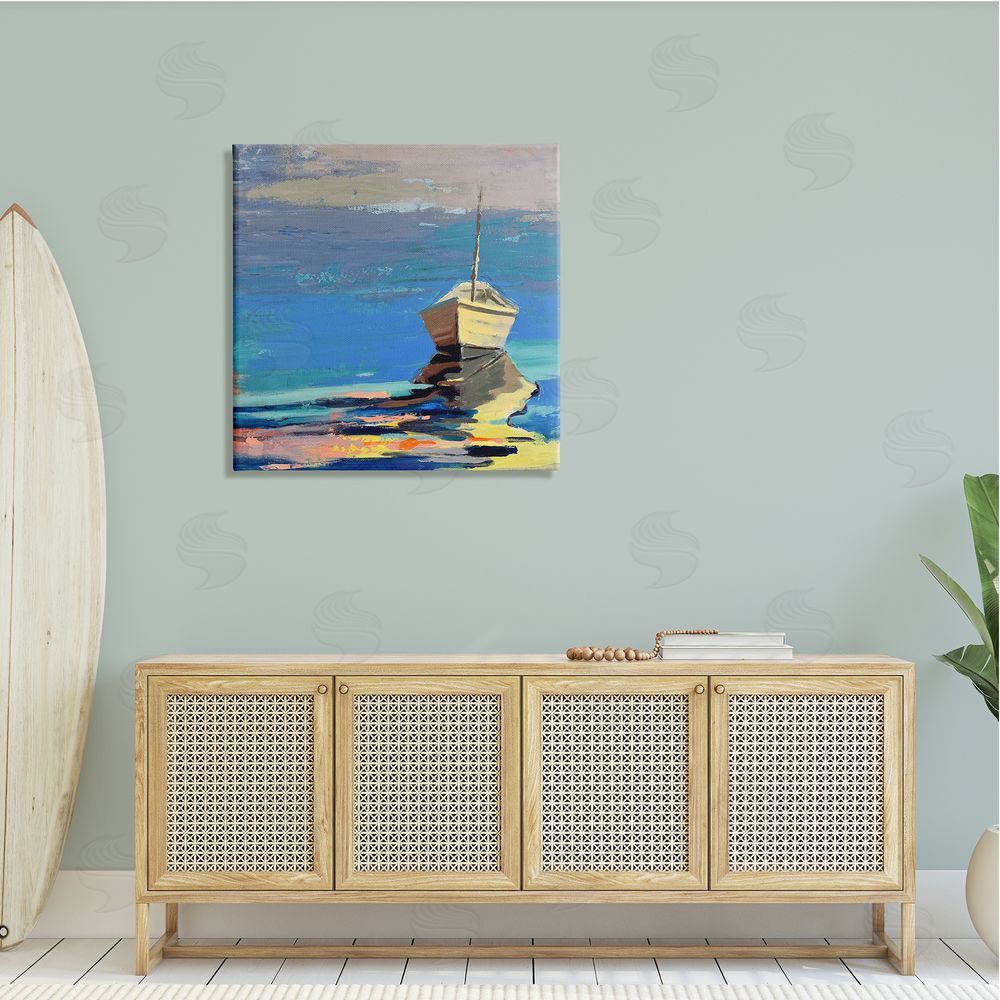 Beth A. Forst Cozy Fishing Boat Impressionist Sunset Painting Canvas Wall Art in Room