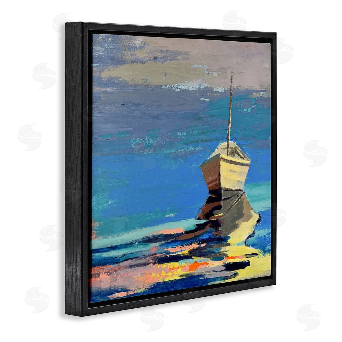 Beth A. Forst Cozy Fishing Boat Impressionist Sunset Painting Black Floating Frame Canvas Wall Art Print