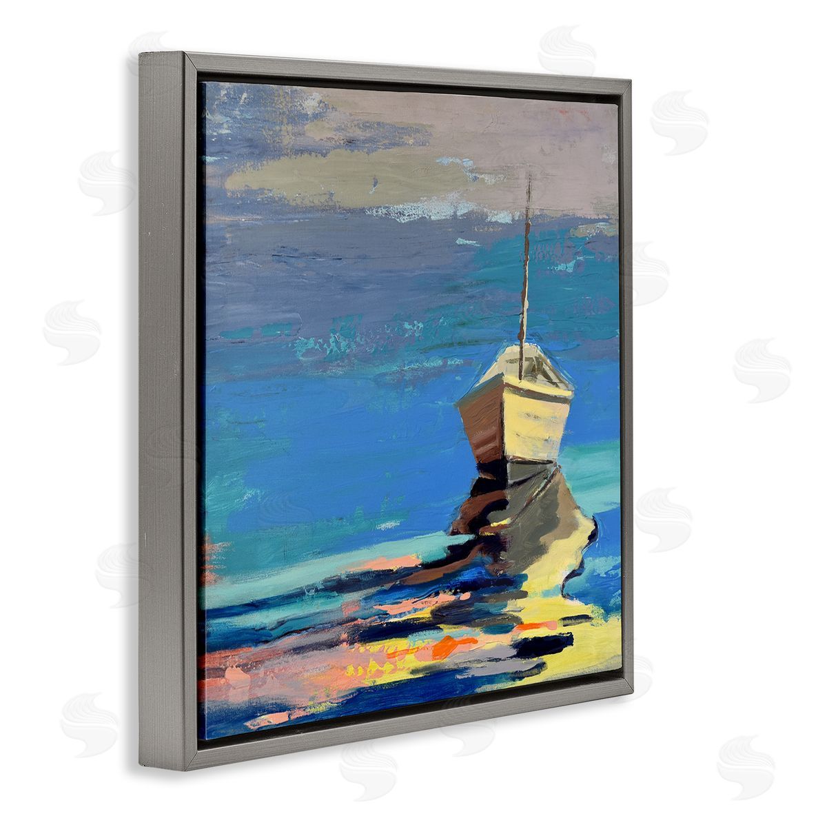 Beth A. Forst Cozy Fishing Boat Impressionist Sunset Painting Gray Floating Frame Canvas Wall Art Print