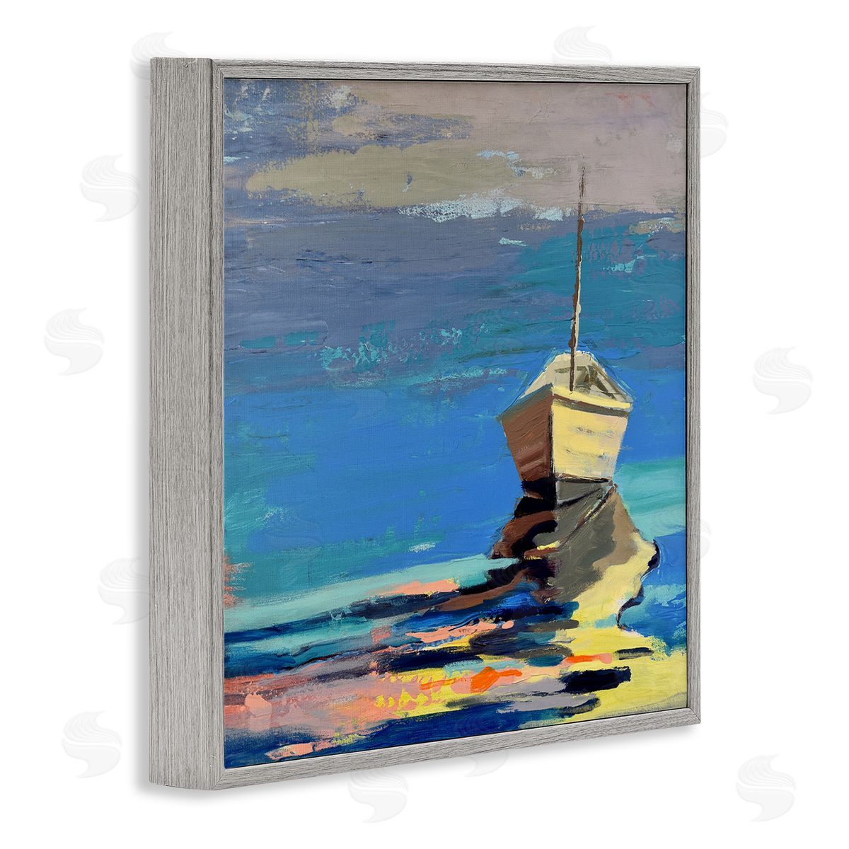 Beth A. Forst Cozy Fishing Boat Impressionist Sunset Painting Gray Framed Glicee Wall Art Print