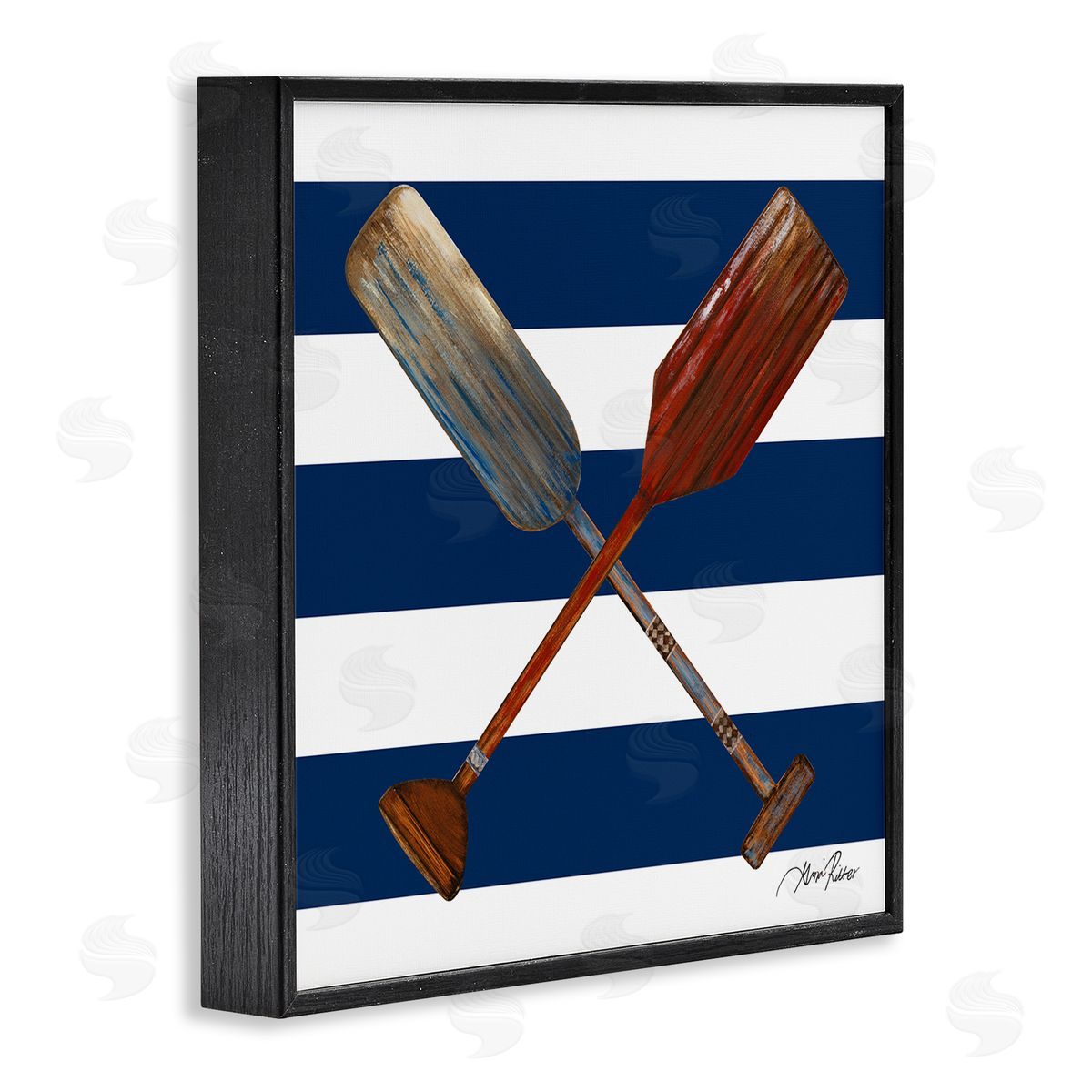 Gina Ritter Nautical Crossed Oars Wide Blue Band Striped Pattern Black Framed Glicee Wall Art Print