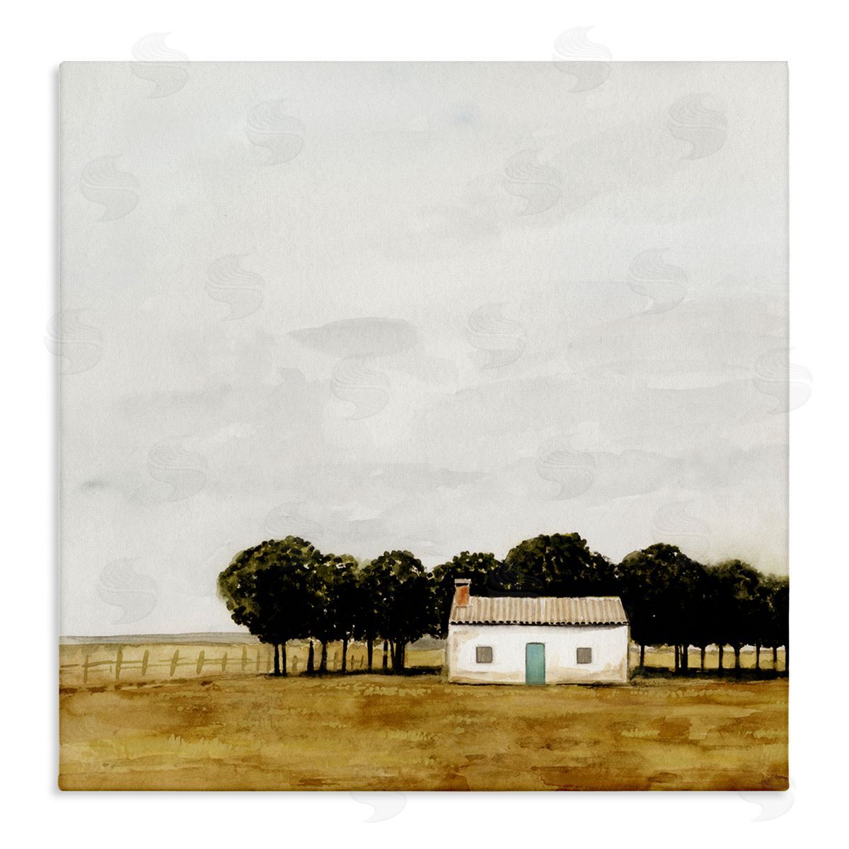 Victoria Borges Rural Fenced Shack Minimalistic Rainy Countryside Trees Grassland  Stretched Canvas Wall Art Print
