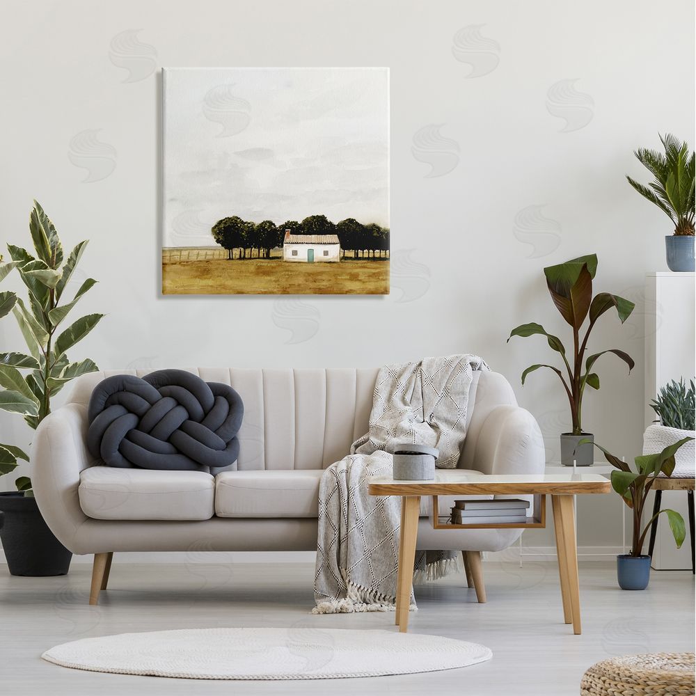 Victoria Borges Rural Fenced Shack Minimalistic Rainy Countryside Trees Grassland  Canvas Wall Art in Room