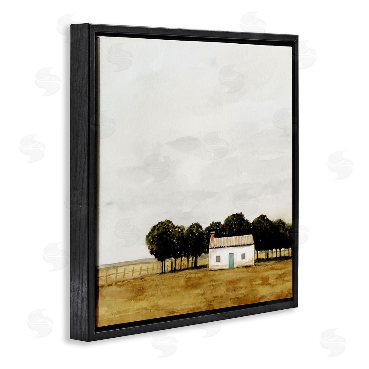 Victoria Borges Rural Fenced Shack Minimalistic Rainy Countryside Trees Grassland  Black Floating Frame Canvas Wall Art Print