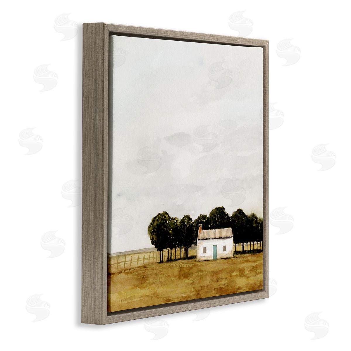 Victoria Borges Rural Fenced Shack Minimalistic Rainy Countryside Trees Grassland  Brown Floating Frame Canvas Wall Art Print