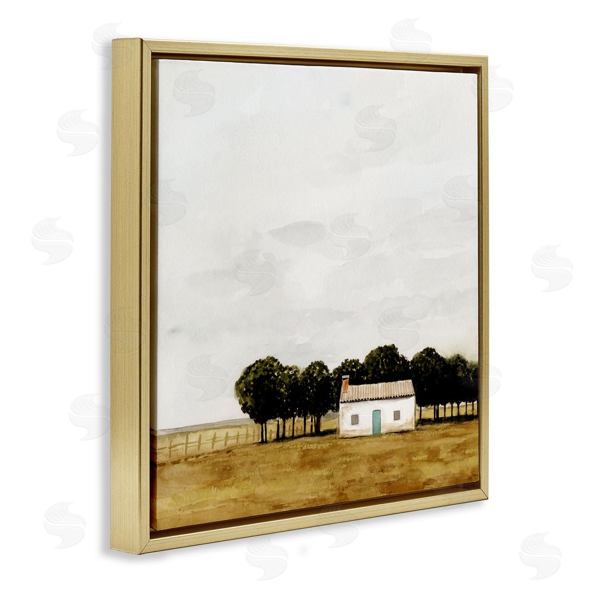 Victoria Borges Rural Fenced Shack Minimalistic Rainy Countryside Trees Grassland  Gold Floating Frame Canvas Wall Art Print