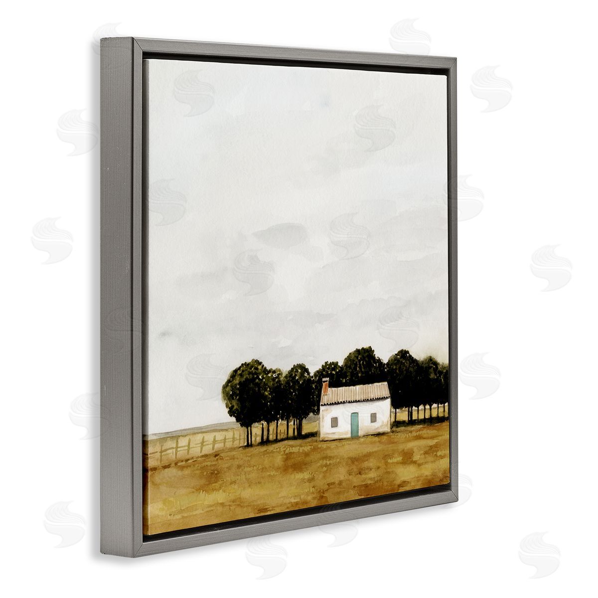 Victoria Borges Rural Fenced Shack Minimalistic Rainy Countryside Trees Grassland  Gray Floating Frame Canvas Wall Art Print
