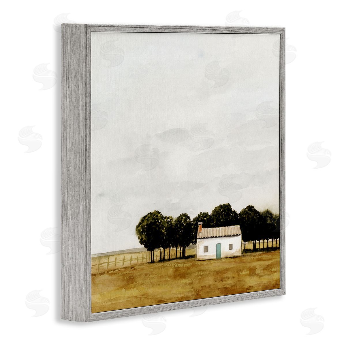 Victoria Borges Rural Fenced Shack Minimalistic Rainy Countryside Trees Grassland  Gray Framed Glicee Wall Art Print