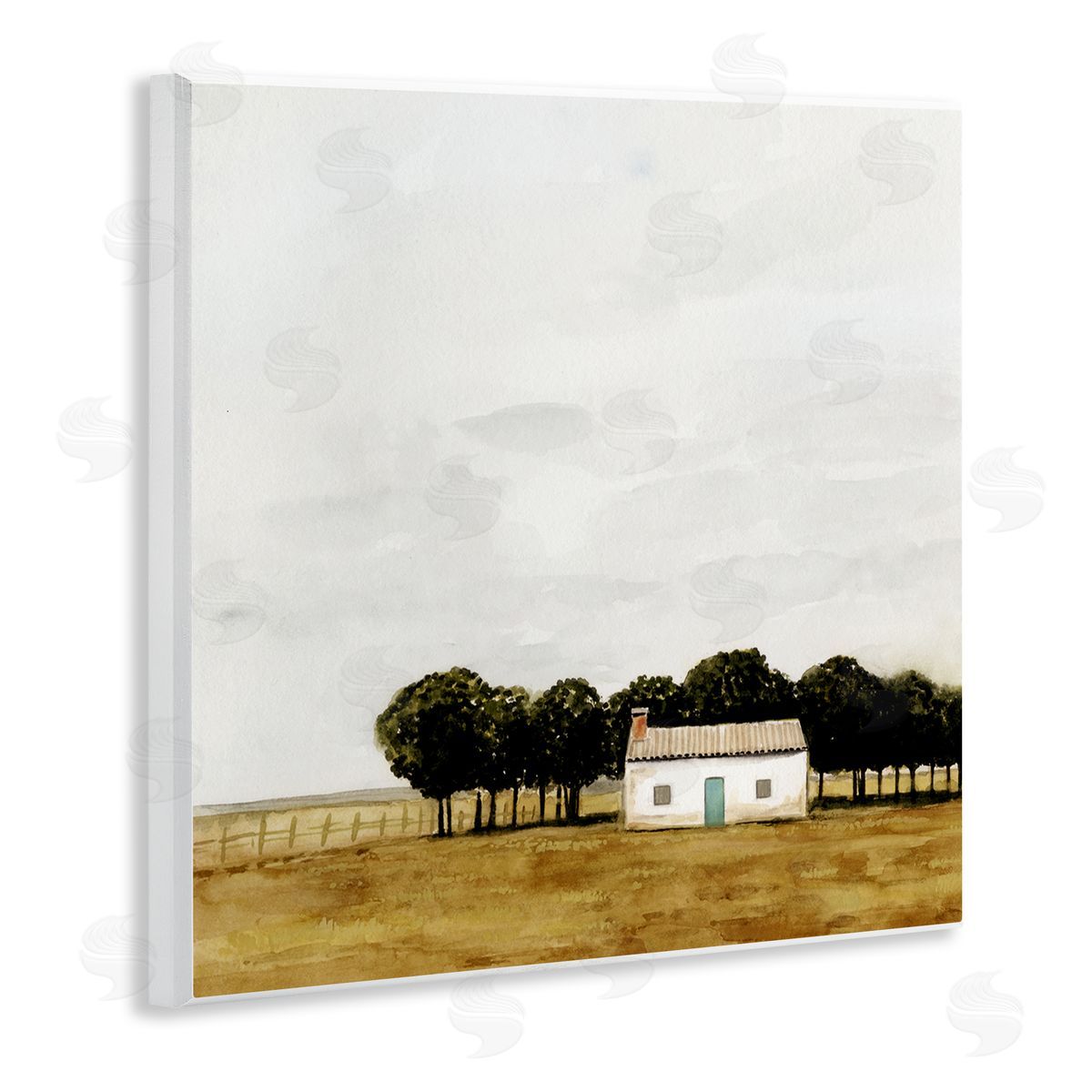 Victoria Borges Rural Fenced Shack Minimalistic Rainy Countryside Trees Grassland  Wooden Wall Plaque Art Print