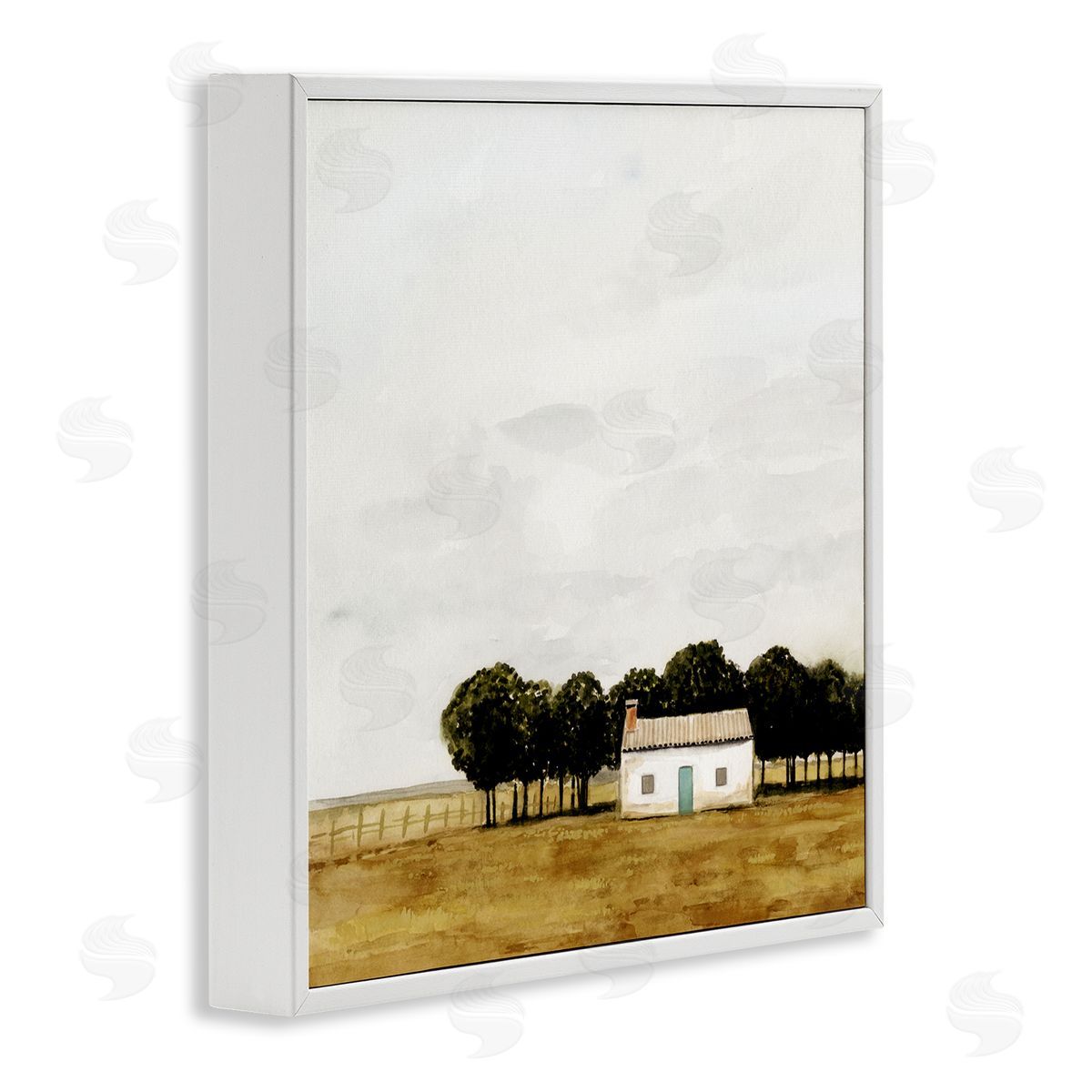 Victoria Borges Rural Fenced Shack Minimalistic Rainy Countryside Trees Grassland  White Framed Glicee Wall Art Print