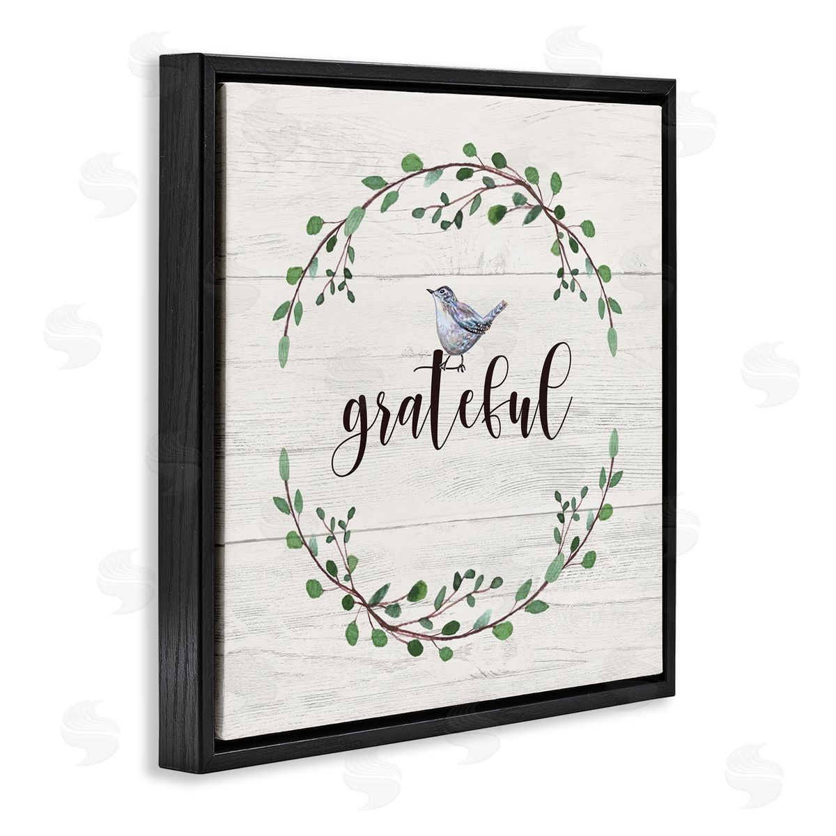 Elizabeth Tyndall Grateful Bird Crown Laurel Twigs Foliage Country Pattern Black Floating Frame Canvas Wall Art Print