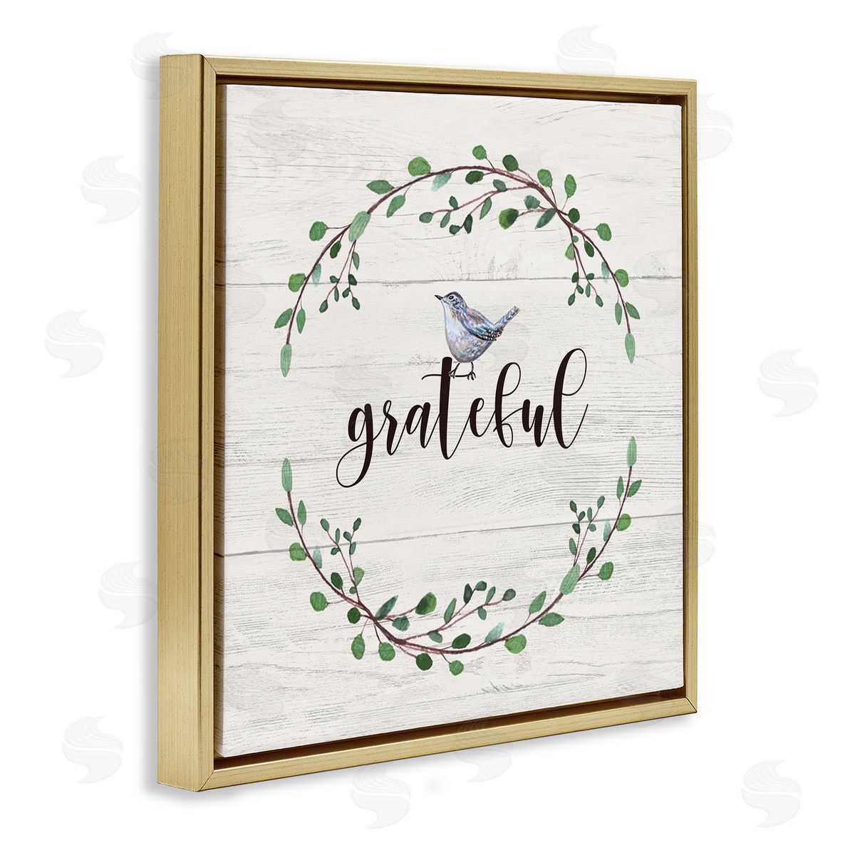 Elizabeth Tyndall Grateful Bird Crown Laurel Twigs Foliage Country Pattern Gold Floating Frame Canvas Wall Art Print