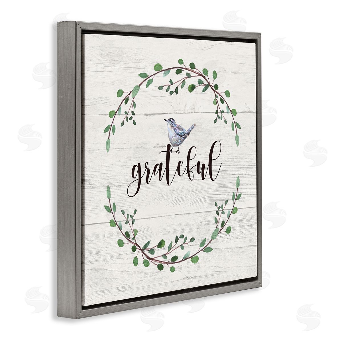 Elizabeth Tyndall Grateful Bird Crown Laurel Twigs Foliage Country Pattern Gray Floating Frame Canvas Wall Art Print