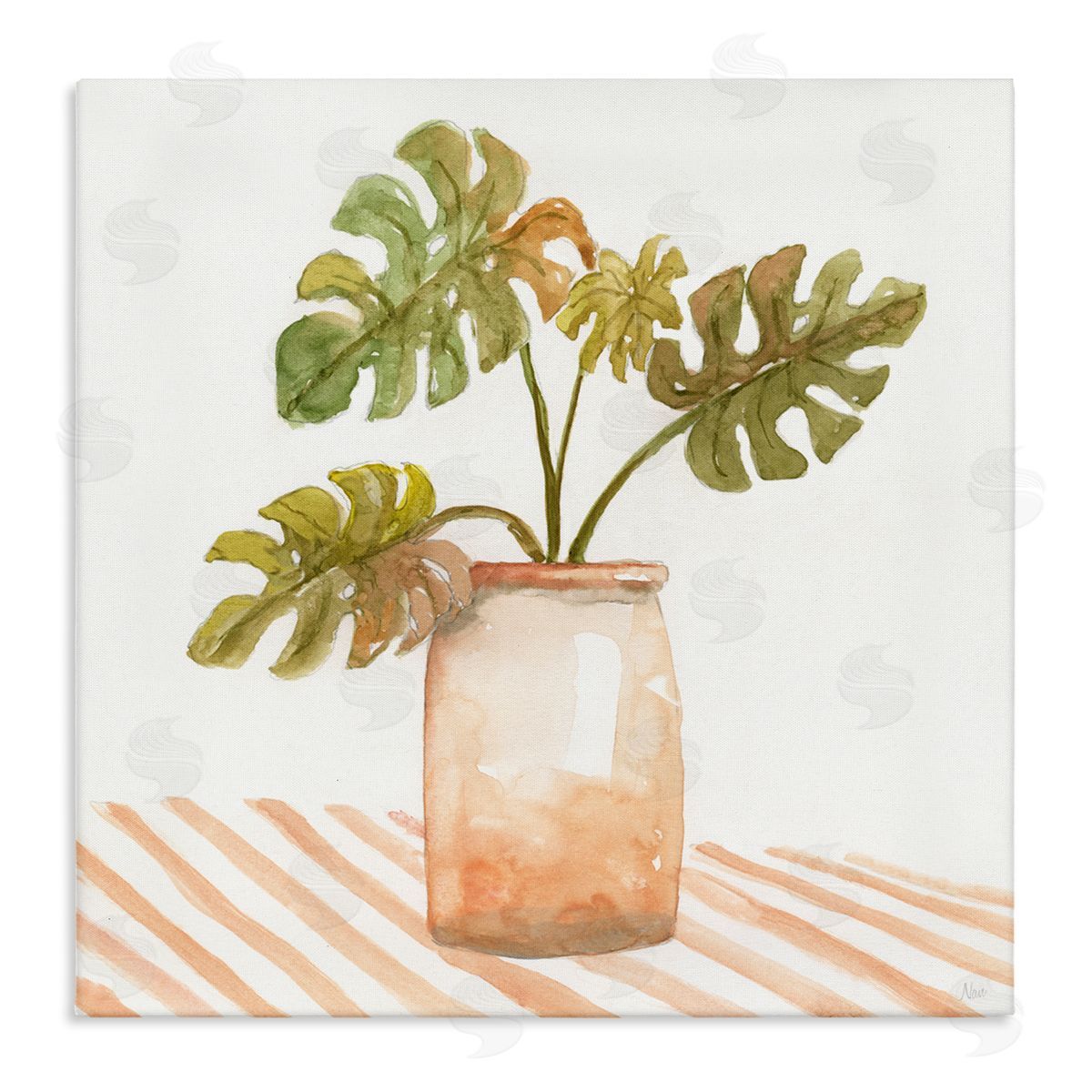 Nan Monstera Plant Ceramic Glazed Pot Striped Patterned Tabletop Stretched Canvas Wall Art Print