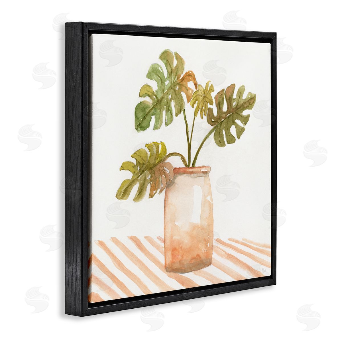 Nan Monstera Plant Ceramic Glazed Pot Striped Patterned Tabletop Black Floating Frame Canvas Wall Art Print