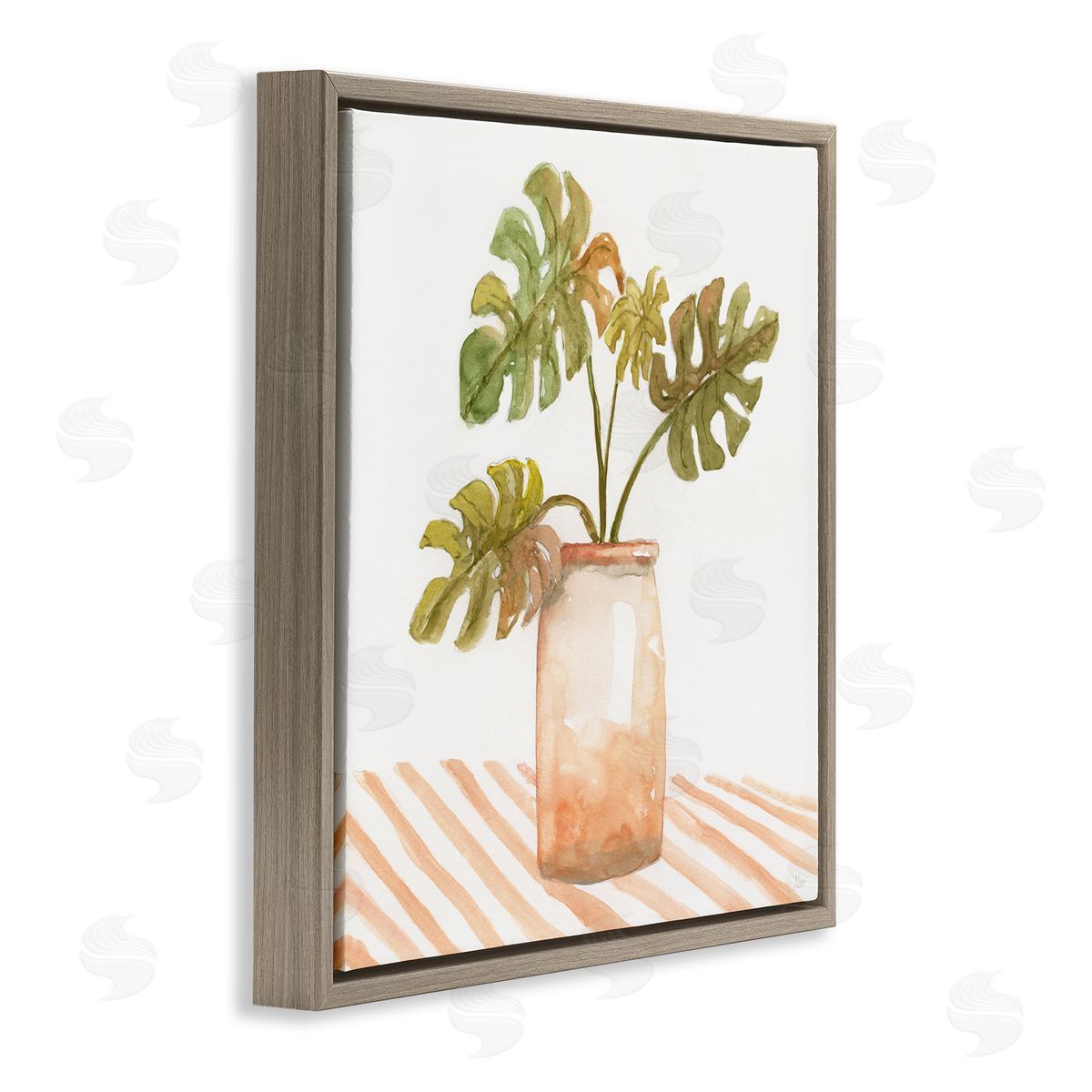 Nan Monstera Plant Ceramic Glazed Pot Striped Patterned Tabletop Brown Floating Frame Canvas Wall Art Print