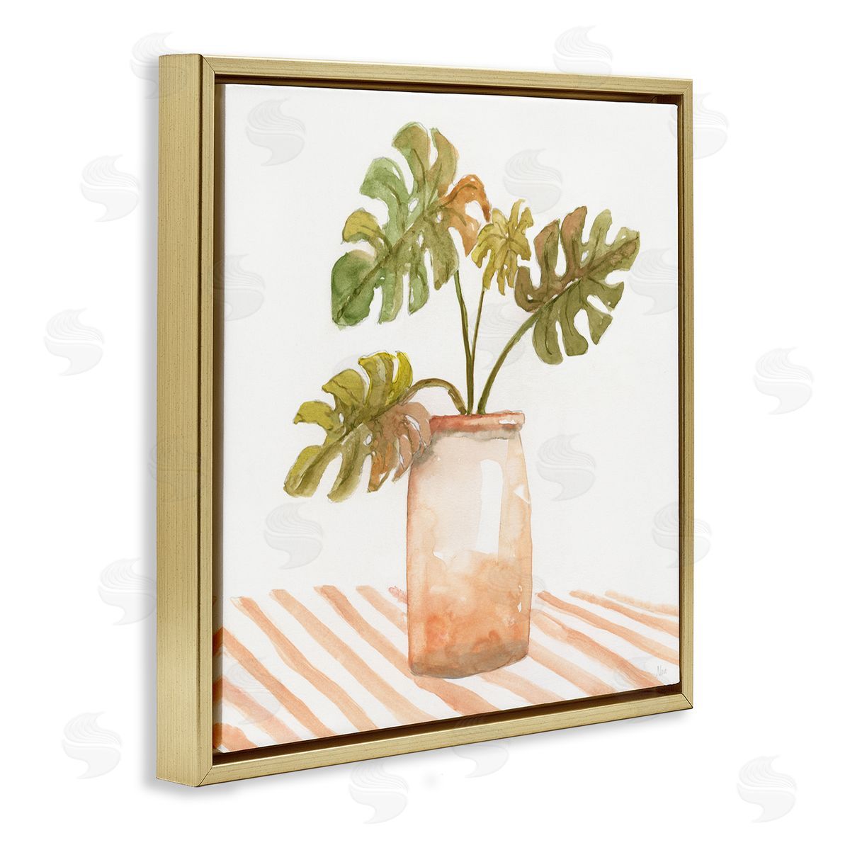Nan Monstera Plant Ceramic Glazed Pot Striped Patterned Tabletop Gold Floating Frame Canvas Wall Art Print