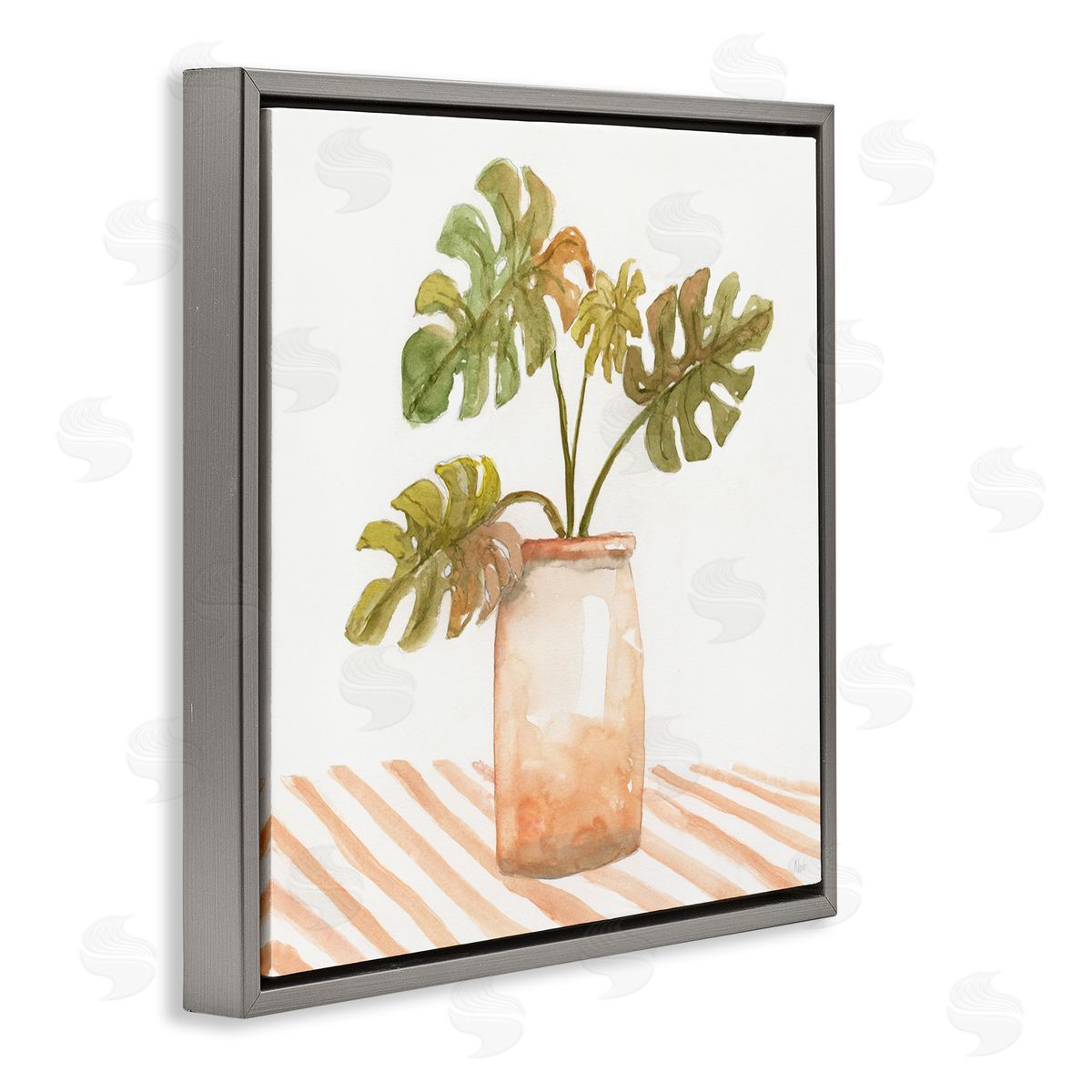 Nan Monstera Plant Ceramic Glazed Pot Striped Patterned Tabletop Gray Floating Frame Canvas Wall Art Print